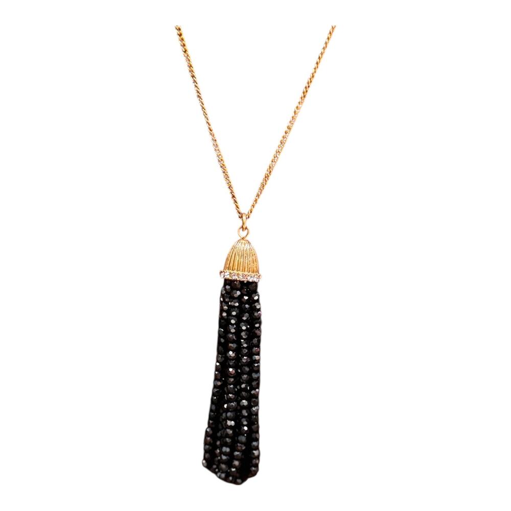 J. Crew Black Beaded Tassel Statement Necklace Gold Tone